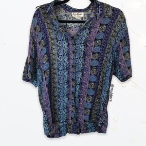 Vintage Jeri Marque Boho Bohemian Abstract Print Revival Funky Button Up Shirt